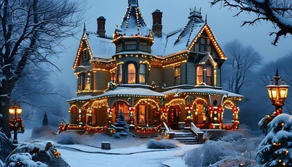 Charming snow-covered Victorian house adorned with festive lights and holiday ornaments in a picturesque winter wonderland