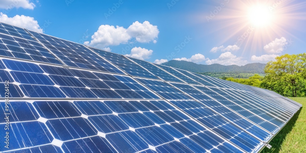 Canvas Prints solar panels in field with blue sky and sun