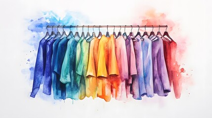 Watercolor Artistic using soft, brushy watercolor strokes, Single object picture Closet/Walk-in Closet &acirc;&euro;&ldquo; a set of clothing hangers holding colorful garments