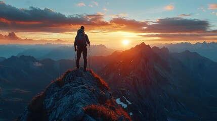 Fototapeta premium Male hiker overlooking breathtaking sunset in the mountains.