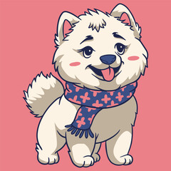 Cute and adorable white samoyed dog on scarf illustration