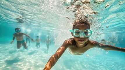 Naklejka premium Joyful kids swimming underwater in a clear blue pool during a sunny summer day, creating lasting memories of fun and laughter
