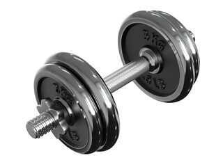 Black adjustable dumbbell, weightlifting gym equipment, side view. Png clipart isolated on transparent background	