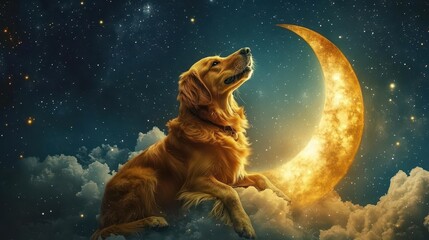 majestic golden retriever as cosmic guardian fur shimmering with starlight seated on crescent moon overlooking dreamy galaxy