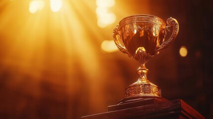 majestic golden trophy bathed in warm spotlight rich wooden podium atmosphere of triumph and achievement lens flare adding drama embodiment of success and recognition