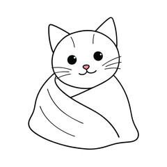 Cute kitten wrapped in a blanket, flat vector style with soft pastel colors and cozy details.