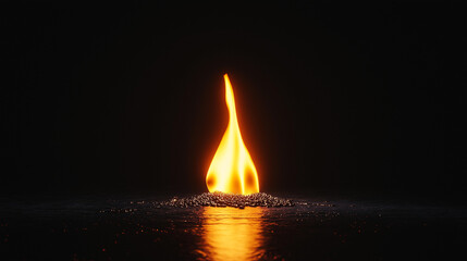 A vibrant flame dances above a small mound, illuminating the surroundings with its warm glow against a dark backdrop, creating a tranquil atmosphere.