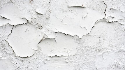 Obraz premium Cracked and weathered white plaster wall, close-up texture shot perfect for architectural or rustic backgrounds.