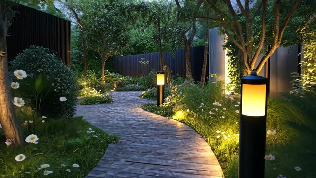 A winding pathway illuminated by warm lights leads through a lush, green garden in the evening