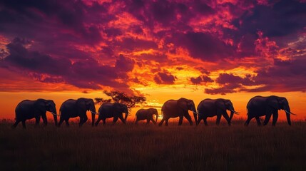Fototapeta premium majestic herd of african elephants silhouetted against vibrant orange and purple sunset sky crossing vast savanna grasslands in powerful unified procession