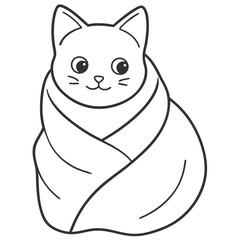 Cute kitten wrapped in a blanket, flat vector style with soft pastel colors and cozy details.