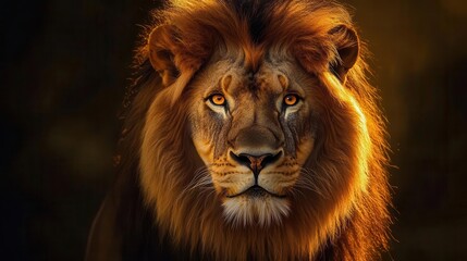 Naklejka premium majestic lion emerging from darkness piercing eyes flowing mane backlit by golden light powerful stance detailed fur texture