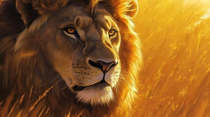Naklejka premium majestic lion portrait with piercing eyes detailed fur and golden savanna background digital painting