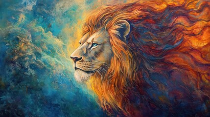 Naklejka premium majestic lion with ethereal mane christlike aura spiritual symbolism artwork