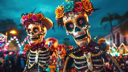 Fototapeta premium Day of the Dead Parade in Mexico City Dusk with Colorful Floats, Costumes, and Skull Face Paint