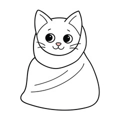 Cute kitten wrapped in a blanket, flat vector style with soft pastel colors and cozy details.