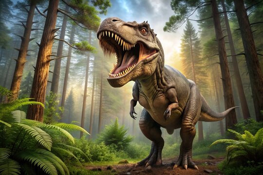 A massive Tyrannosaurus Rex dinosaur stands alone in a lush, prehistoric forest, its scaly body and sharp teeth a testament to its dominance and power.
