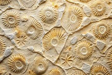 Texture of limestone with intricate fossil imprint This limestone showcases an intricate fossil imprint, resembling a delicate lace pattern. The fossils are wellpreserved and clearly defined,