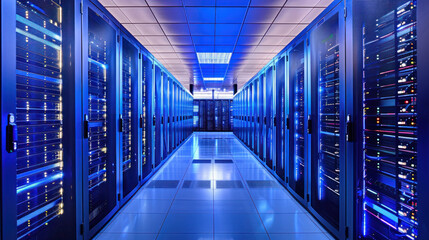Fototapeta premium A data center showcasing cutting-edge server hardware designed to handle massive data storage and processing needs.