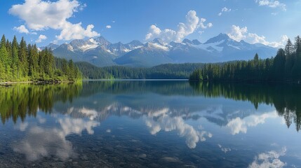 Fototapeta premium majestic mountain range reflected in crystalclear alpine lake lush evergreen forest surrounds shoreline with snowcapped peaks piercing dramatic cloudstrewn sky