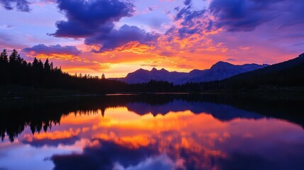 Fototapeta premium majestic mountain silhouettes against a vibrant sunset sky clouds painted in fiery oranges and purples reflecting off a serene alpine lake in the foreground