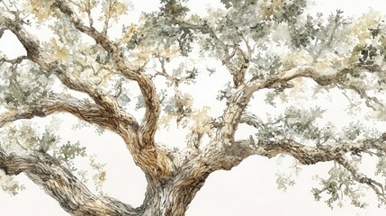 Fototapeta premium majestic oak tree watercolor delicate branches spread against pristine white backdrop soft earth tones intricate leaf details and textured bark create a serene botanical illustration