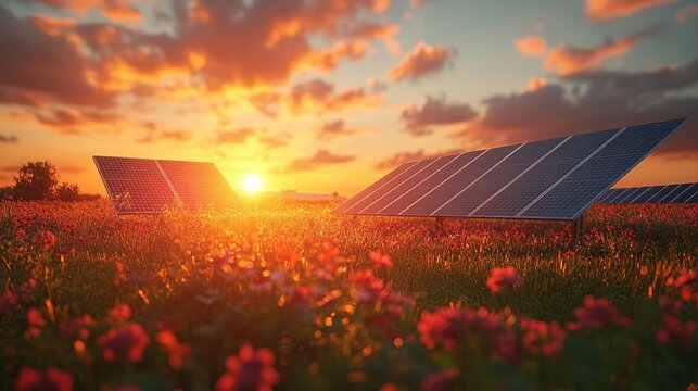 Solar Panels in a Field Under a Bright Sky: Harnessing Renewable Energy for Sustainable Future
