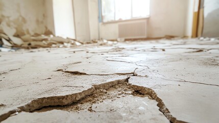 Close-up of cracked flooring in a damaged room, highlighting the impact of time and neglect on interior surfaces.