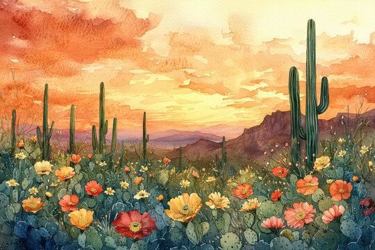 A vibrant sunset over desert landscape filled with blooming cacti and wildflowers creates stunning visual. warm colors of sky blend beautifully with flora, evoking sense of tranquility and natural bea