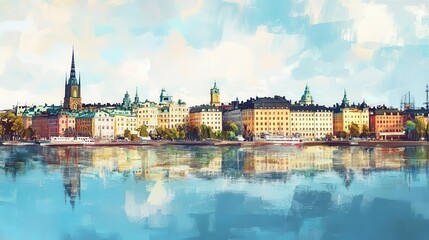 Obraz premium majestic panoramic view of stockholms old town skyline with iconic landmarks scandinavia travel destination summer clear sky european capital cityscape digital painting