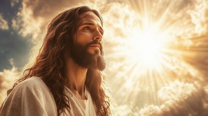 majestic portrait of jesus christ with a radiant halo compassionate expression and flowing robes set against a dramatic sky with rays of divine light