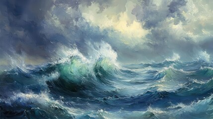 majestic portrayal of turbulent sea with towering waves amidst raging storm oil painting
