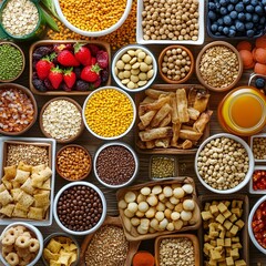 Fototapeta premium An array of different fortified food products,including cereals,beverages,and more,with labels highlighting enhanced nutrition such as omega-3,vitamins,and probiotics for a healthy,balanced lifestyle.