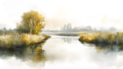 Calm river winding through a countryside landscape, watercolor reflections creating a peaceful scene