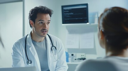 A doctor in a modern clinic, attentively examining a patient who is sitting on an examination table, with medical instruments and charts visible in the background