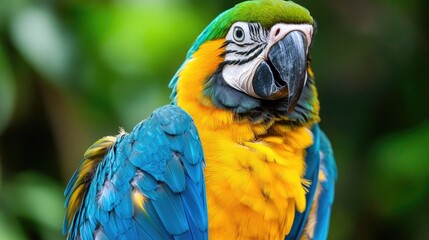 Obraz premium A close-up of a macaw parrot with bright blue and yellow feathers, its beak slightly open as it looks at the camera.