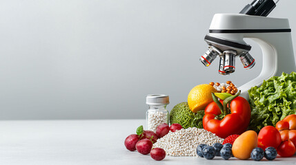 Microscope examining healthy food, showcasing nutrition and science