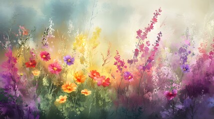 Wildflower field with colorful blossoms, soft watercolor strokes capturing the movement of the flowers