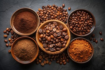 Assorted coffee varieties on dark background: whole roasted beans, fine ground coffee, and instant coffee powder in separate bowls with ample copy space.