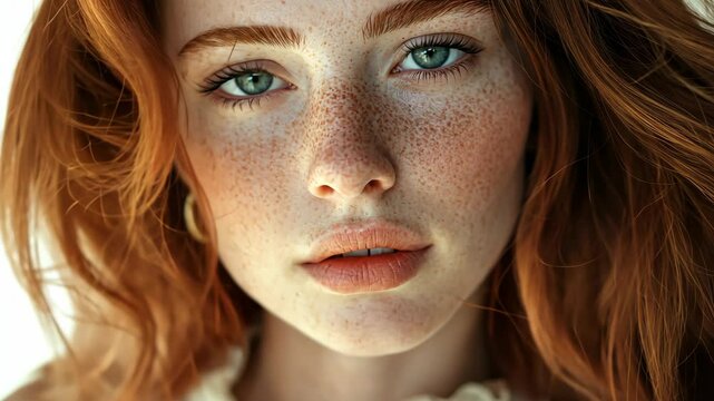 A woman with red hair and freckles looks directly at the camera