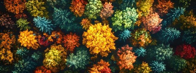 A vibrant aerial view of an autumn forest, with trees displaying hues from deep greens to bright yellows and oranges