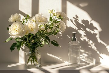 Serene white roses with shadows hand sanitizer on sunny windowsill