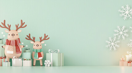 Charming cartoon reindeer characters in colorful scarves surrounded by gift boxes and snowflakes on a light green background