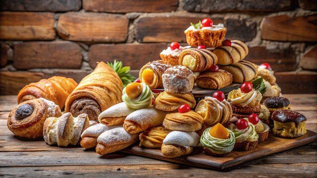 Colorful assortment of traditional Italian pastries, including cannoli, sfogliatelle, and zeppole, arranged on a decorative wooden table against a rustic stone wall background.