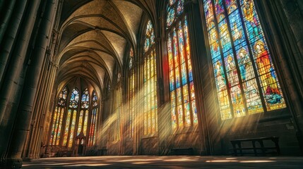 majestic stained glass window bathes cathedral interior in ethereal light vivid colors dance across stone pillars creating a transcendent atmosphere of reverence and wonder