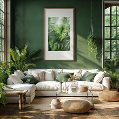 Nature-inspired living room with deep green walls, white sectional sofa, and leafy plants. A tranquil space filled with greenery and modern interior elements.