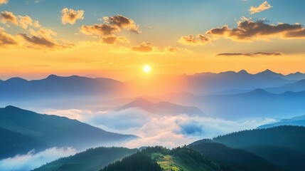 Fototapeta premium majestic sunrise over misty green mountains with golden light illuminating the peaks and fluffy clouds drifting across a brilliant blue sky