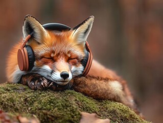 Fototapeta premium A fox with colorful wireless headphones, curled up on a mossy rock, listening to music in a magical forest, warm tones, fantasy atmosphere