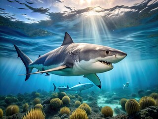 Fototapeta premium A massive white shark glides effortlessly through the crystal-clear blue ocean, its powerful tail propelling it through the coral-filled waters, a majestic marine predator.
