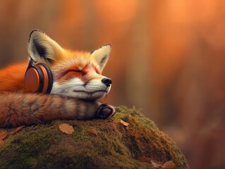 Fototapeta premium A fox with colorful wireless headphones, curled up on a mossy rock, listening to music in a magical forest, warm tones, fantasy atmosphere